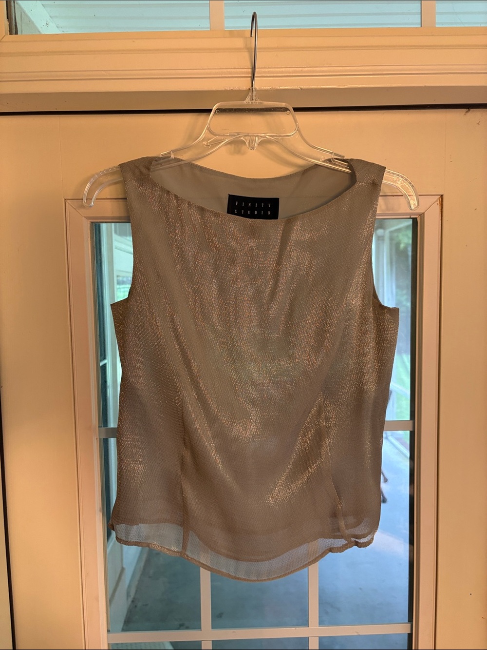 FINITY STUDIO Silk Metallic Silver Shimmer Sleeveless Top Blouse Sheer Size 4